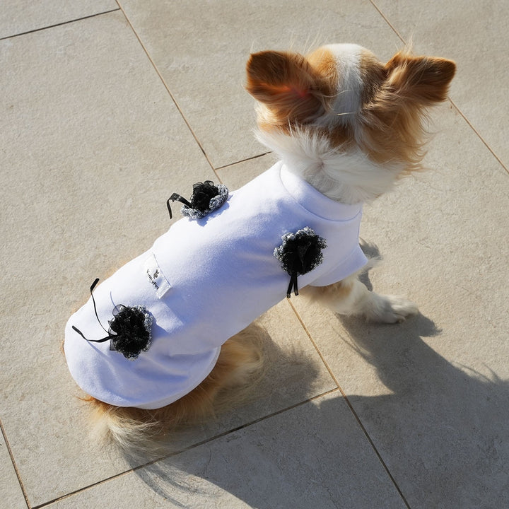 Black Flowers Fashionable White Cotton Dog T-Shirt | Vanity Pet