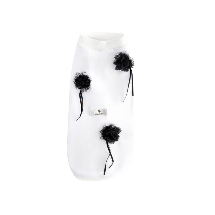 Black Flowers Fashionable White Cotton Dog T-Shirt | Vanity Pet