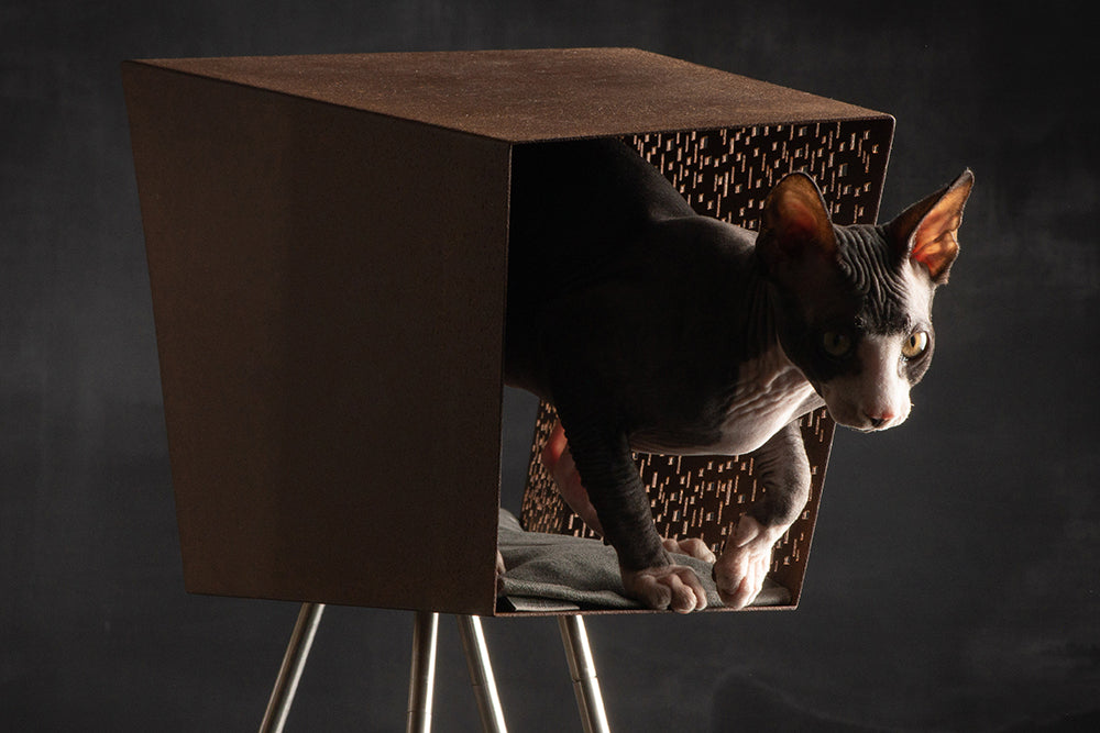 TUNNEL Luxury Cat Bed in Corten with Pedestal | Brando Design