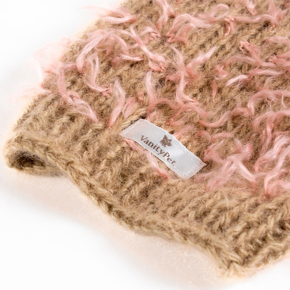 Camel Cap Sweater for Dogs in Camel with Pink Feathers | Vanity Pet