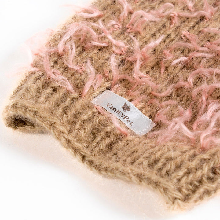 Camel Cap Sweater for Dogs in Camel with Pink Feathers | Vanity Pet