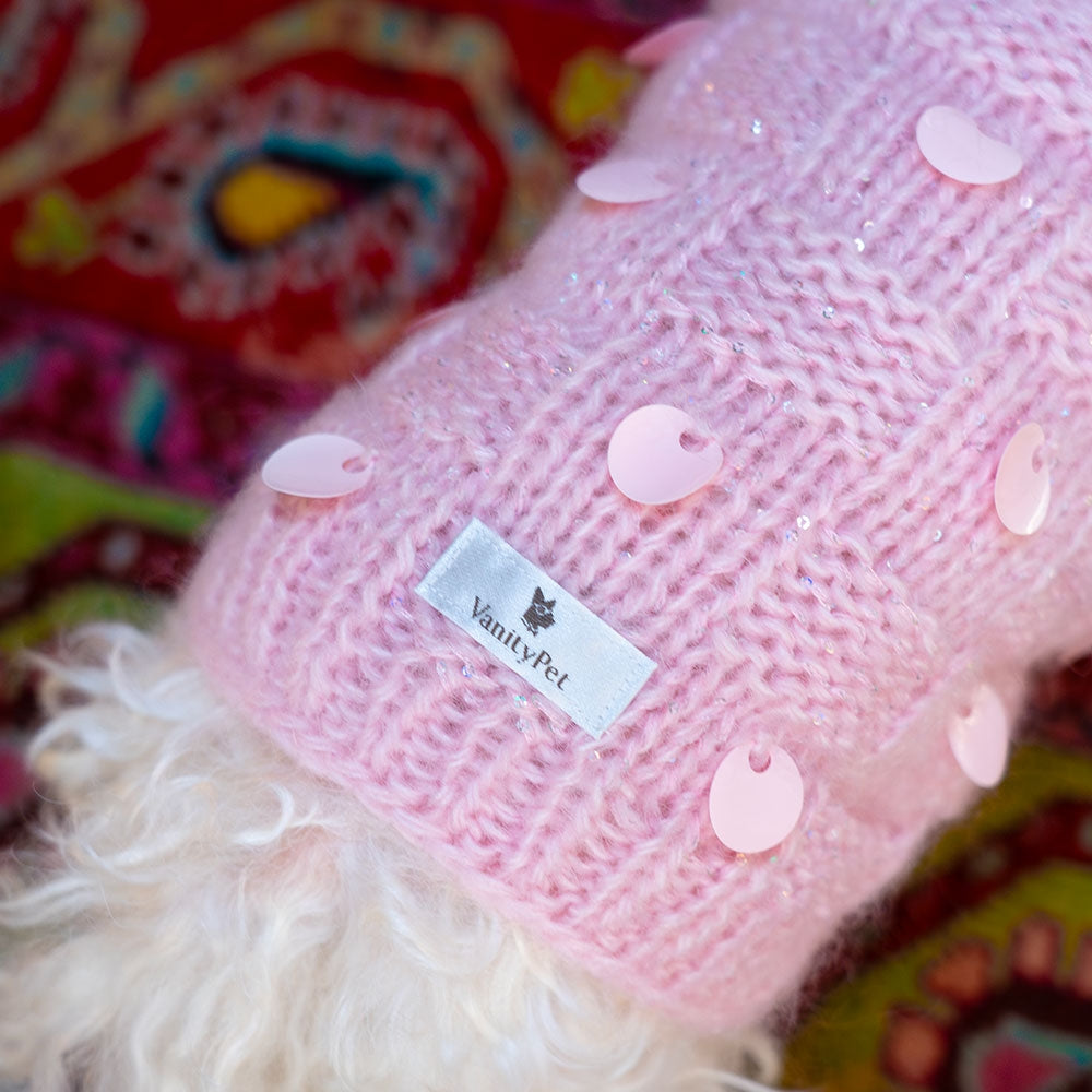 Candy Sweater for Small Dogs in Pink Mohair with Sequins | Vanity Pet