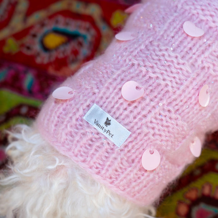 Candy Sweater for Small Dogs in Pink Mohair with Sequins | Vanity Pet