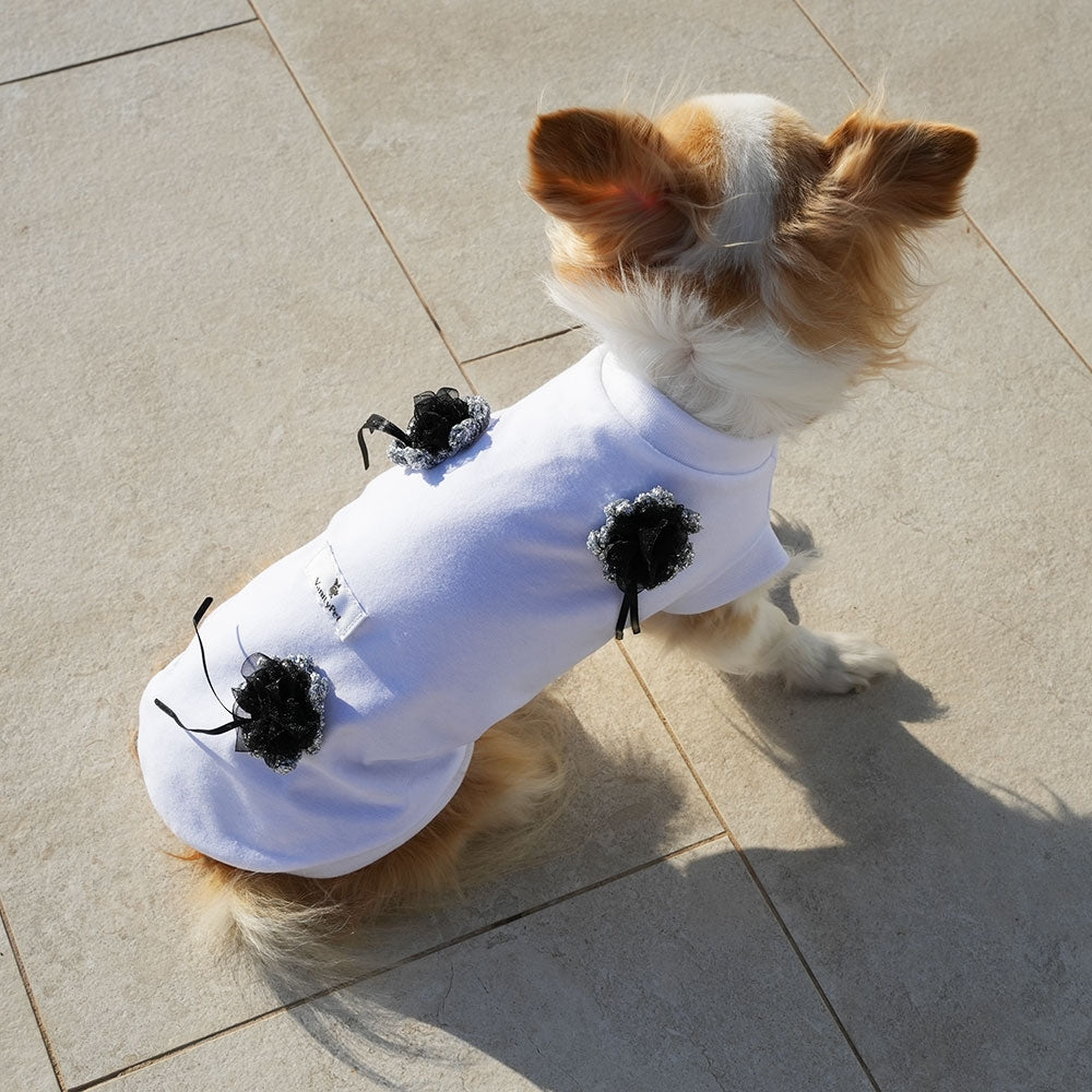 Black Flowers Fashionable White Cotton Dog T-Shirt | Vanity Pet